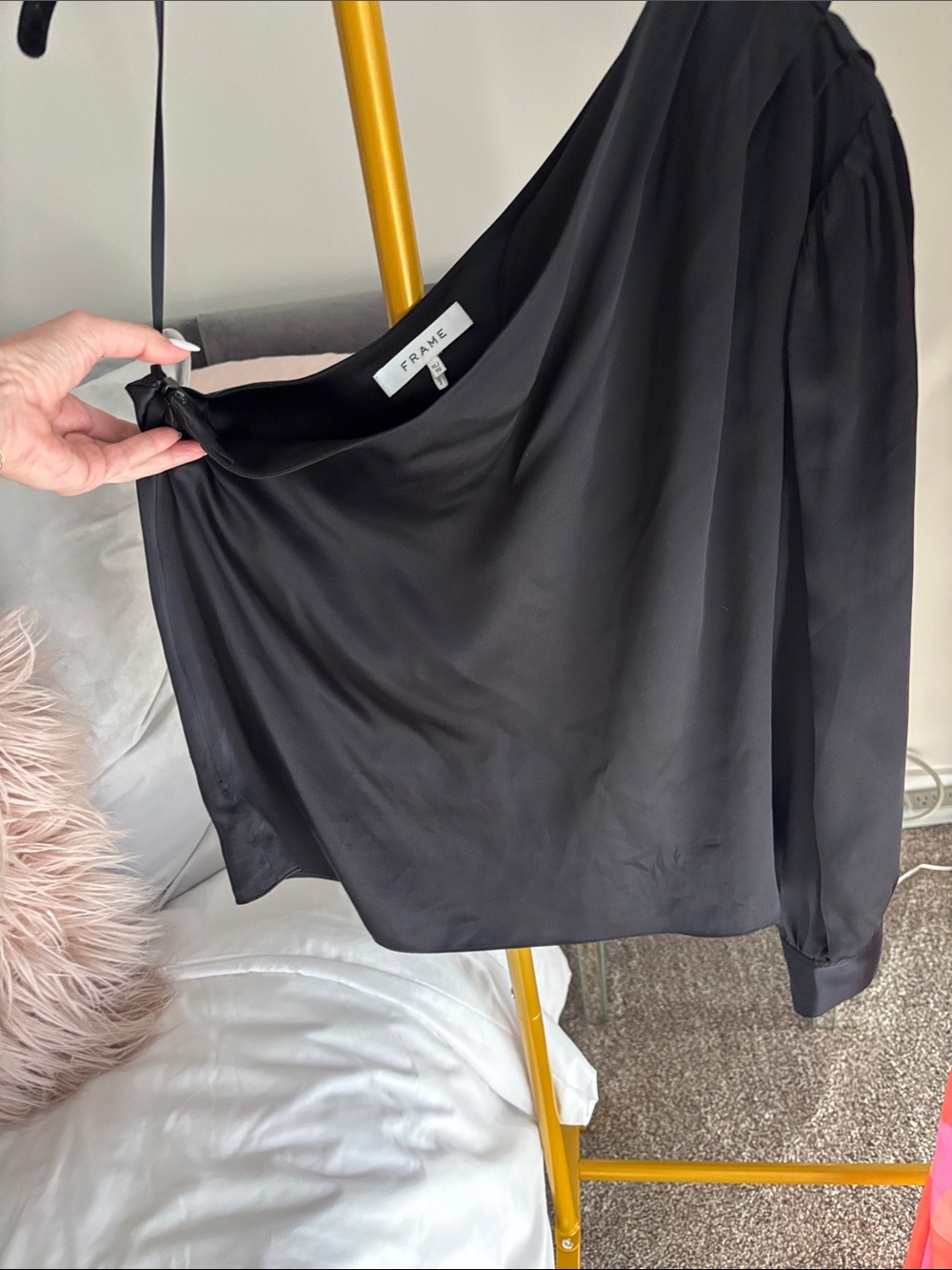 Frame Denim Black Satin Top with Branded Neck Tag